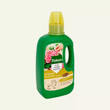 Pokon BIO bloeiende plantenvoeding 500 ml fles, voorkant met bloemenillustratie