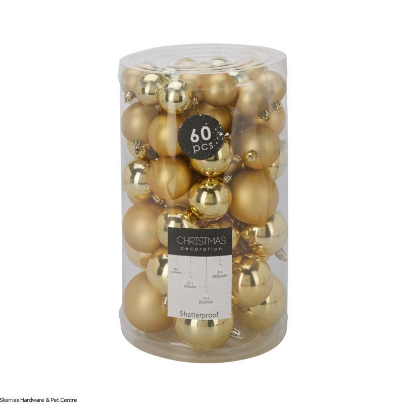 Kerstballen van kunststof, goudkleurig, 60 stuks in doorzichtige cilinderverpakking.