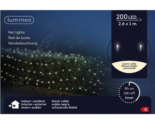Netverlichting met 200 warmwitte LED’s op zwart net, 2,6x1 m.
