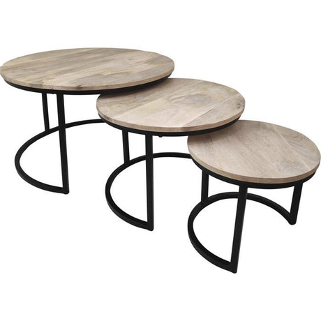 Set van 3 houten bijzettafels met ovale bladen en zwarte ronde poten