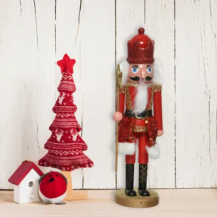 Decoris notenkraker van rood glanzend plastic met witte baard en hoge hoed, 28 cm