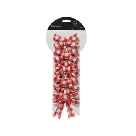Decoris kerststrik wit-rood ruit polyester 11 cm, set van 5 strikken