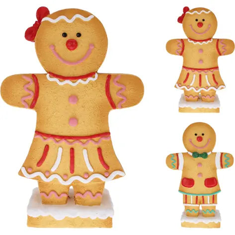 Decoratieve peperkoekfiguur, twee koekfiguren met gezicht en jurk, staand en zijdelings.