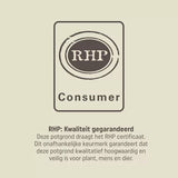 RHP Consumer keurmerk op potgrondverpakking met kwaliteitsgarantie en certificaat.
