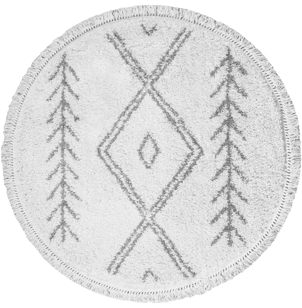 Rond vloerkleed crème met geometrisch patroon en dennenbomen, franjerand