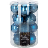 Set van 16 blauwe kunststof kerstballen: glans- en glitterafwerking, met ophanghaakjes