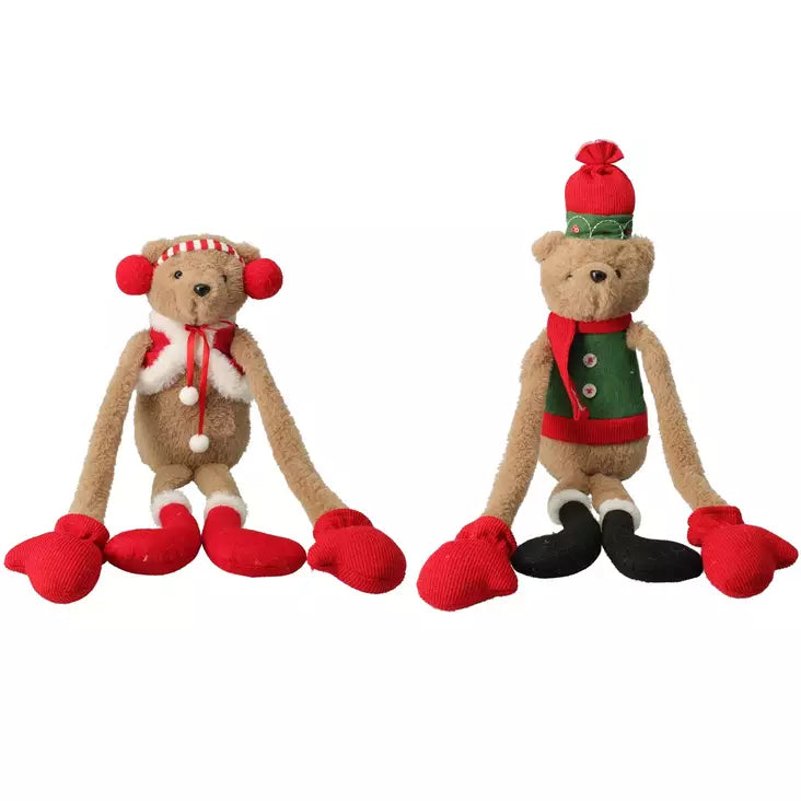 Decoratieve kerstbeer met lange armen, rode muts en groene jas, textiel knuffel