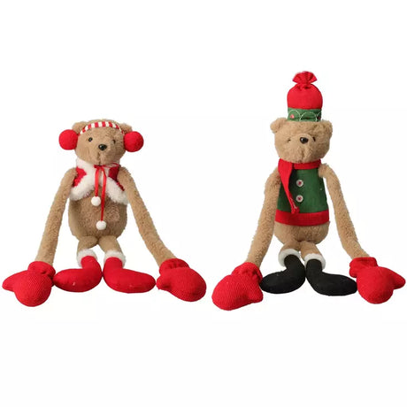 Decoratieve kerstbeer met lange armen, rode muts en groene jas, textiel knuffel