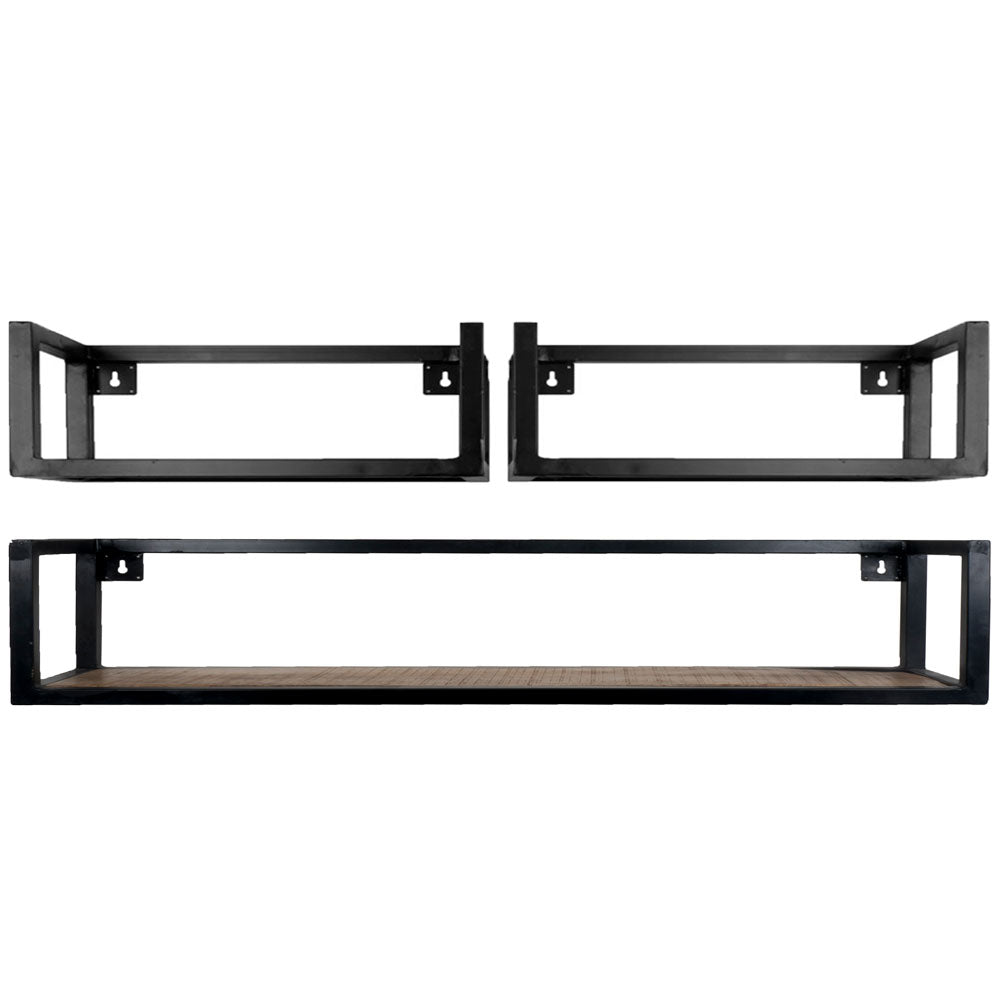 Wandplankenset vintage met drie zwarte metalen frames en bevestigingsbeugels