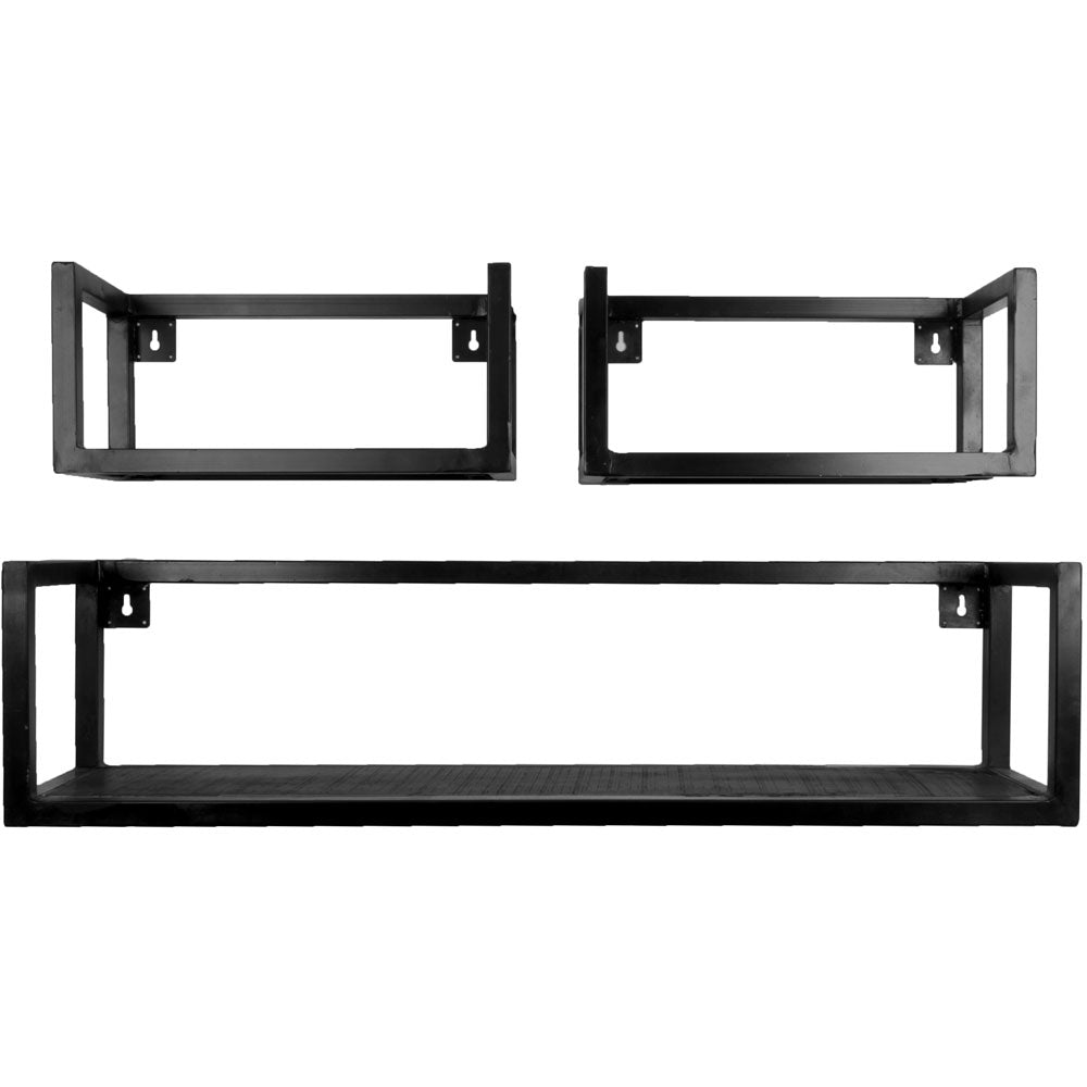 Wandplanken set van 3 met zwart metalen frames, 2 kleine en 1 lange plank