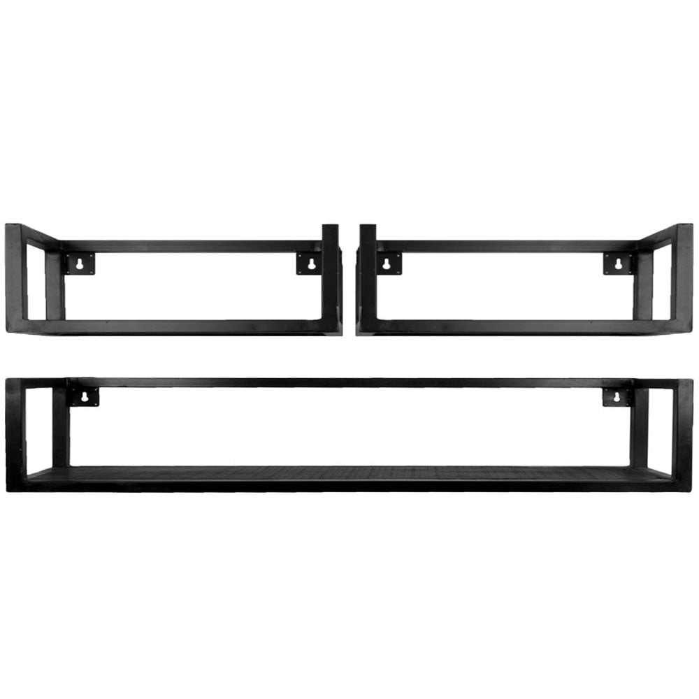 Wandplank set van 3 zwarte metalen schappen met rechthoekige houders