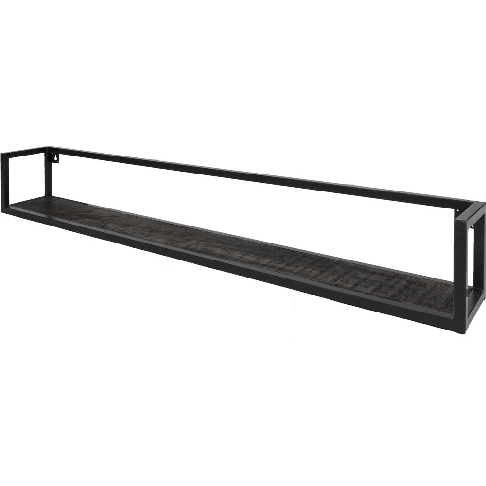 Wandplank van zwart mangohout met open zwart frame, lange smalle plank