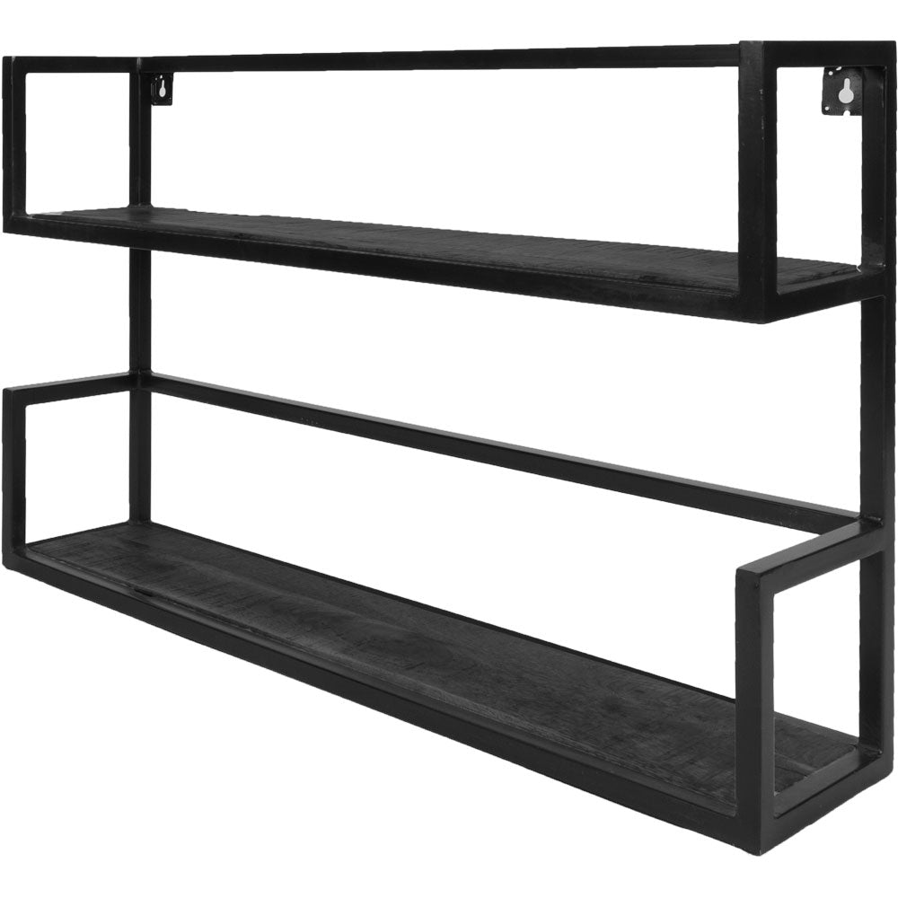 Zwarte wandplank met twee mangohouten legplanken en metalen frame