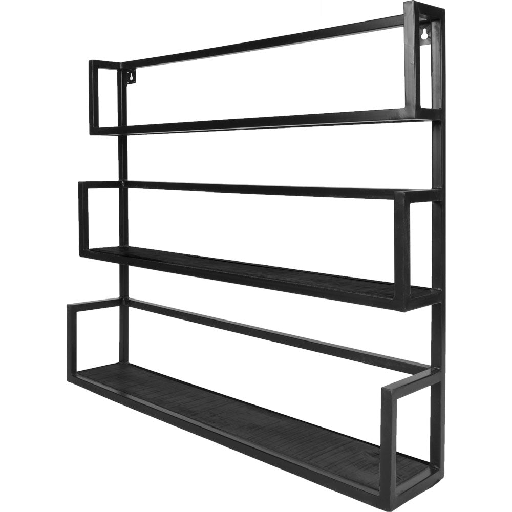 Zwarte wandplankset met drie open planken en metalen frame