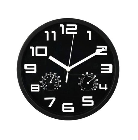 Zwarte wandklok van PP met witte wijzers en cijfers, diameter 25 cm.